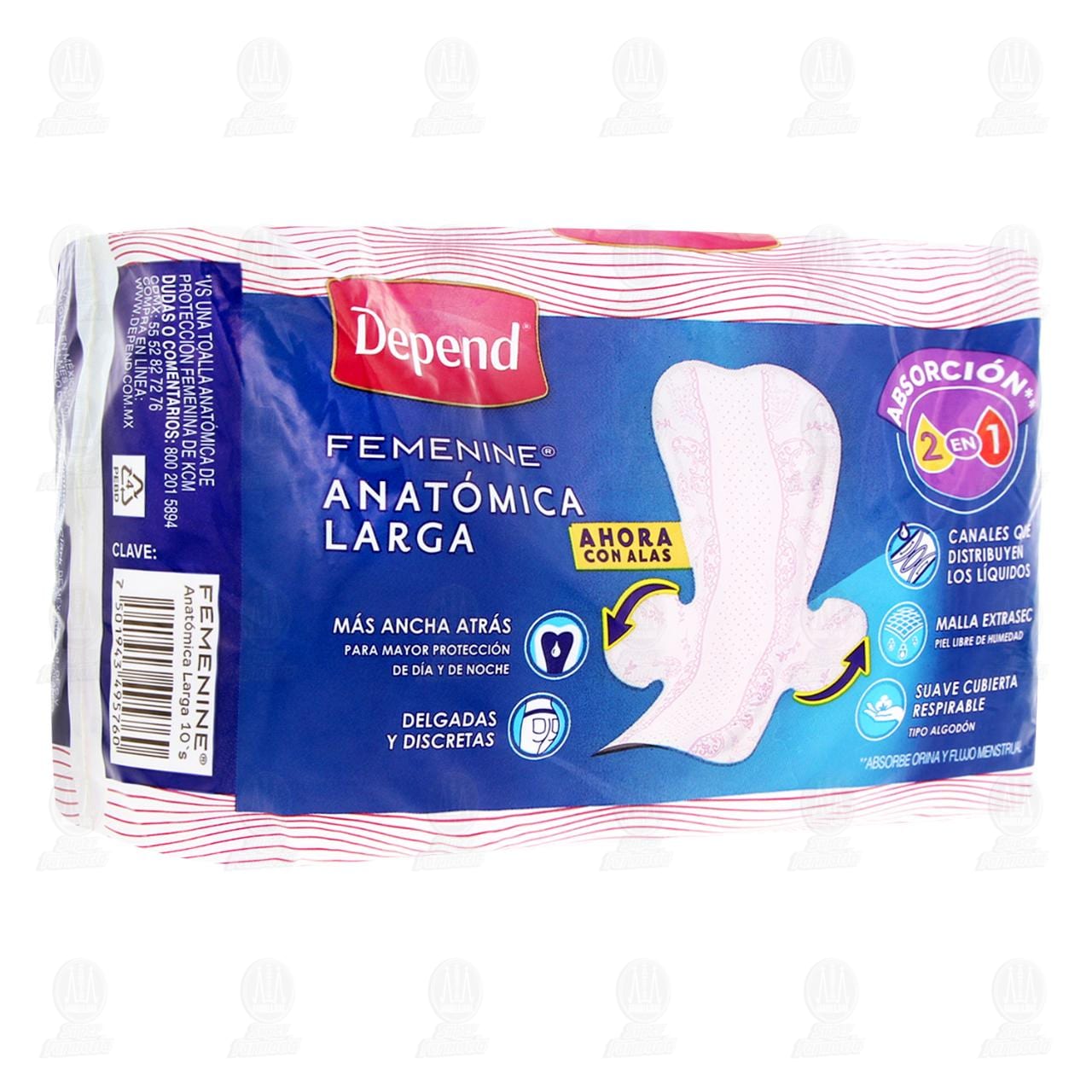 Toalla Depend Femenine Anatómica Larga para la Incontinencia, 10 pzas.