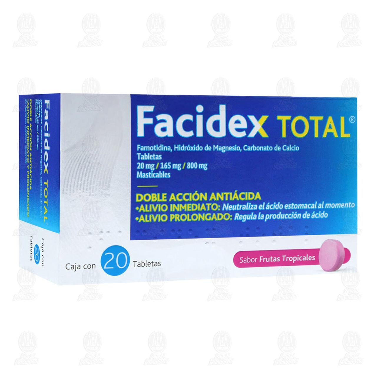 Facidex Total 20mg/165mg/800mg Sabor Frutas Tropicales, 20 tabletas Masticables image number 0