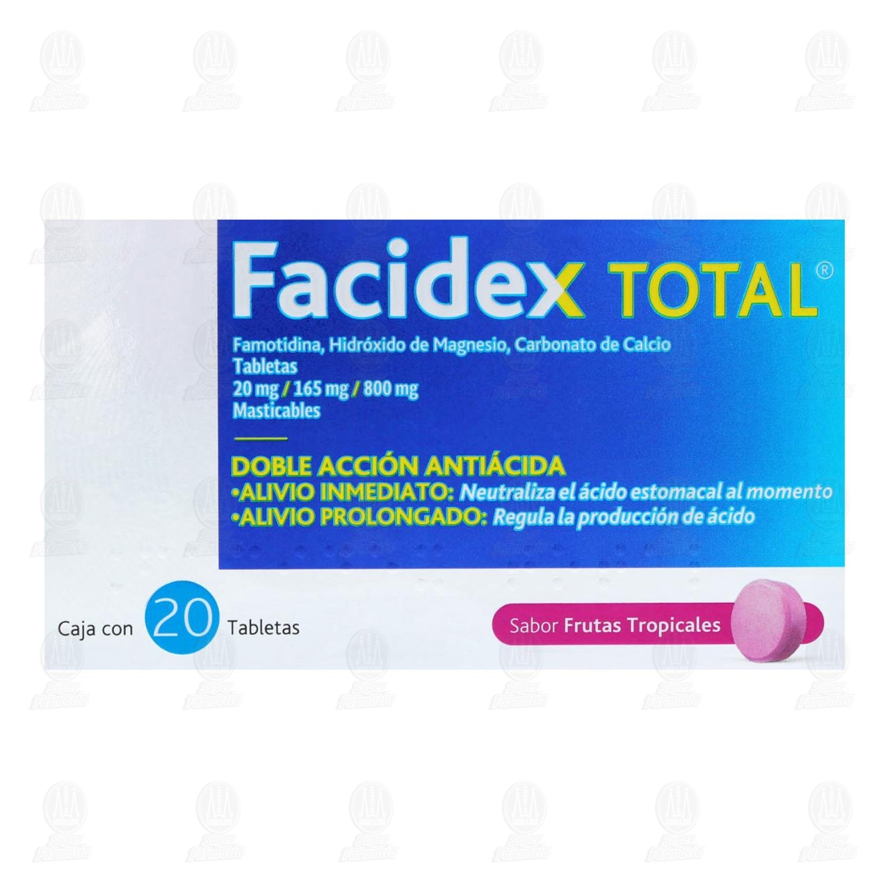 Facidex Total 20mg/165mg/800mg Sabor Frutas Tropicales, 20 tabletas Masticables image number 1