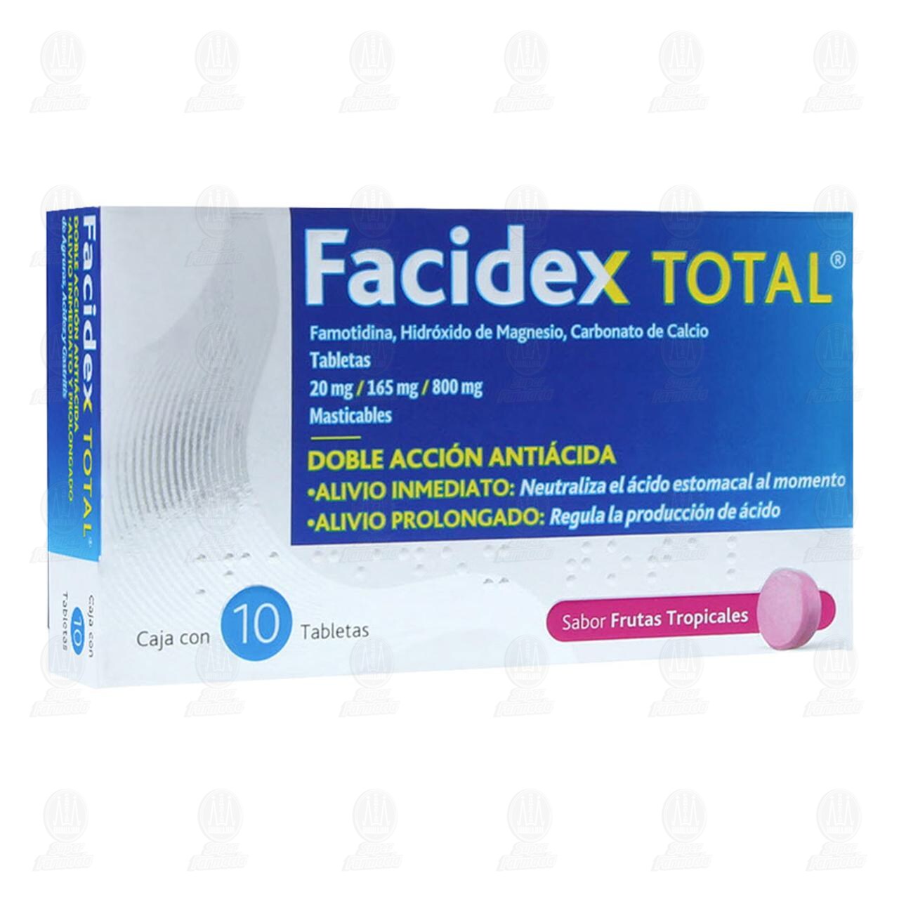 Facidex Total 20mg/165mg/800mg Sabor Frutas Tropicales, 10 tabletas Masticables. image number 0