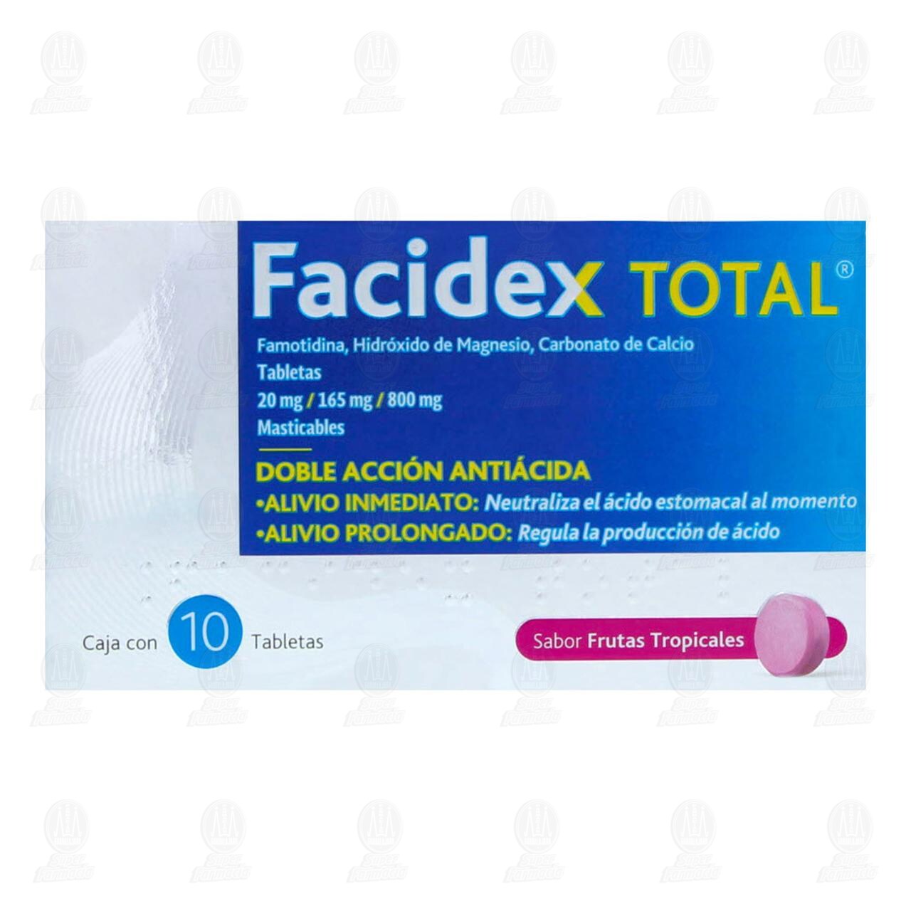 Facidex Total 20mg/165mg/800mg Sabor Frutas Tropicales, 10 tabletas Masticables. image number 1