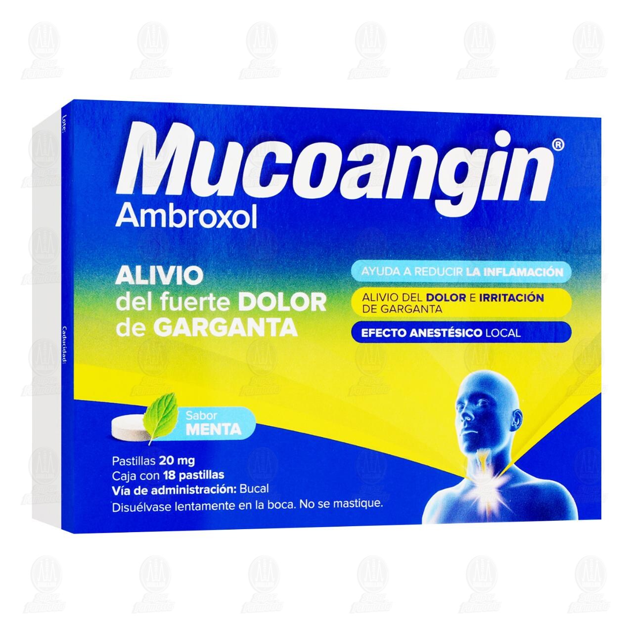 Mucoangin Alivio del Dolor de Garganta 20 mg Sabor Menta, 18 Pastillas.