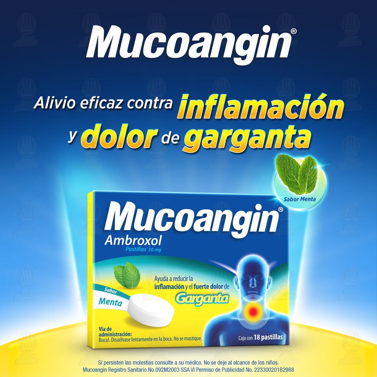 Mucoangin Alivio del Dolor de Garganta 20 mg Sabor Menta, 18 Pastillas. image number 3
