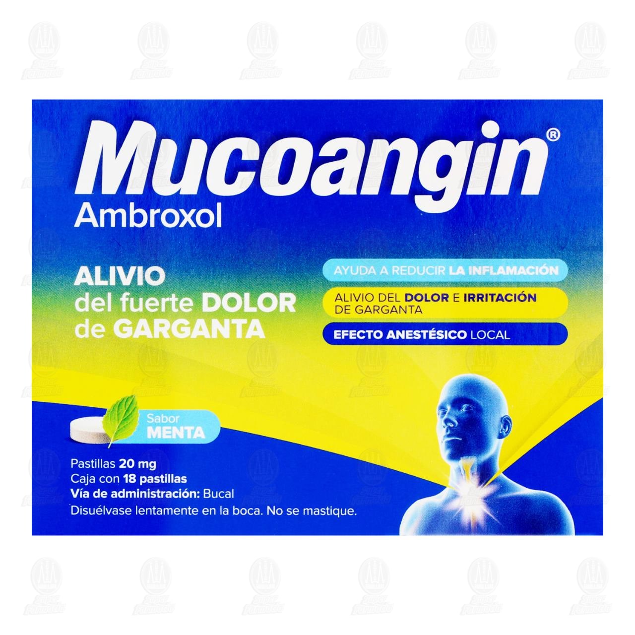 Mucoangin Alivio del Dolor de Garganta 20 mg Sabor Menta, 18 Pastillas. image number 1