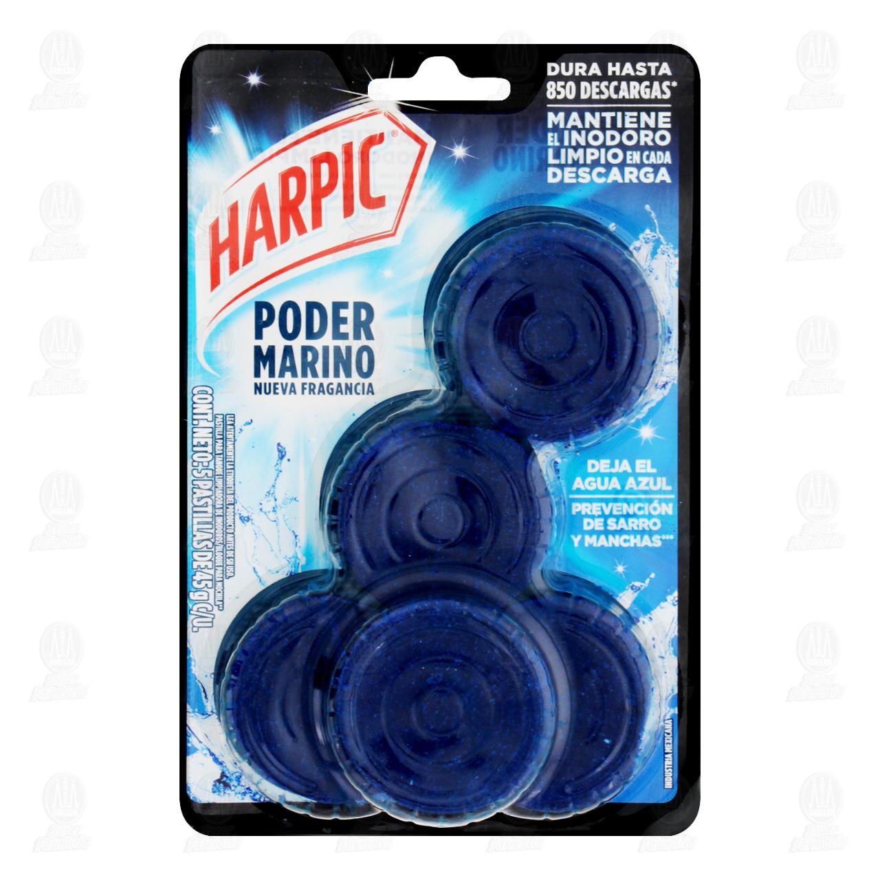 Harpic Pastillas Limpiadoras de Inodoros Poder Marino, 5 pzas de 45 gr c/u.