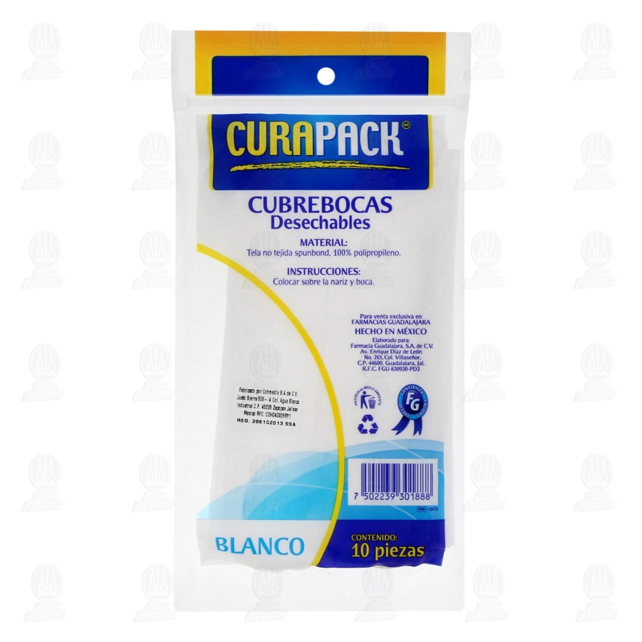 Cubrebocas Curapack Desechables Blanco, 10 pzas. image number 1