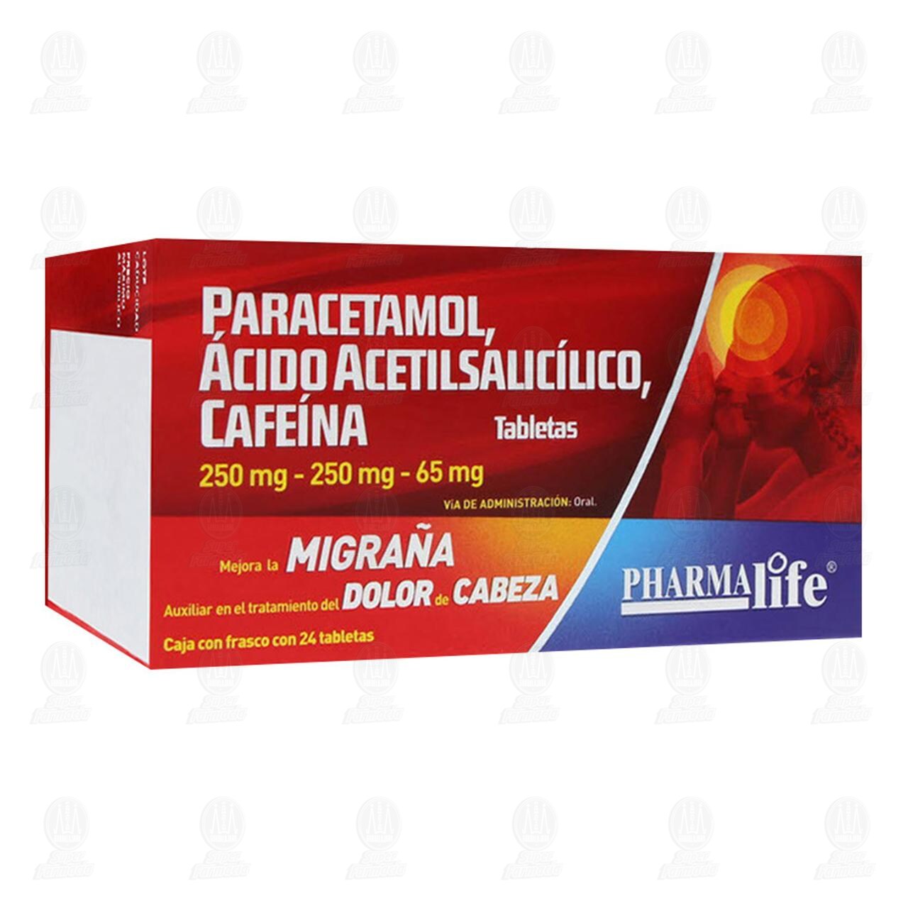 Paracetamol, Ácido Acetilsalicílico, Cafeína 250mg/250mg/65mg, 24 Tabletas Pharmalife. image number 0