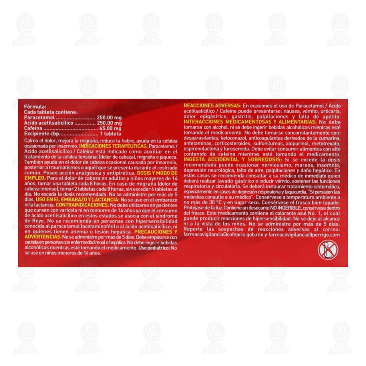 Paracetamol, Ácido Acetilsalicílico, Cafeína 250mg/250mg/65mg, 24 Tabletas Pharmalife. image number 2