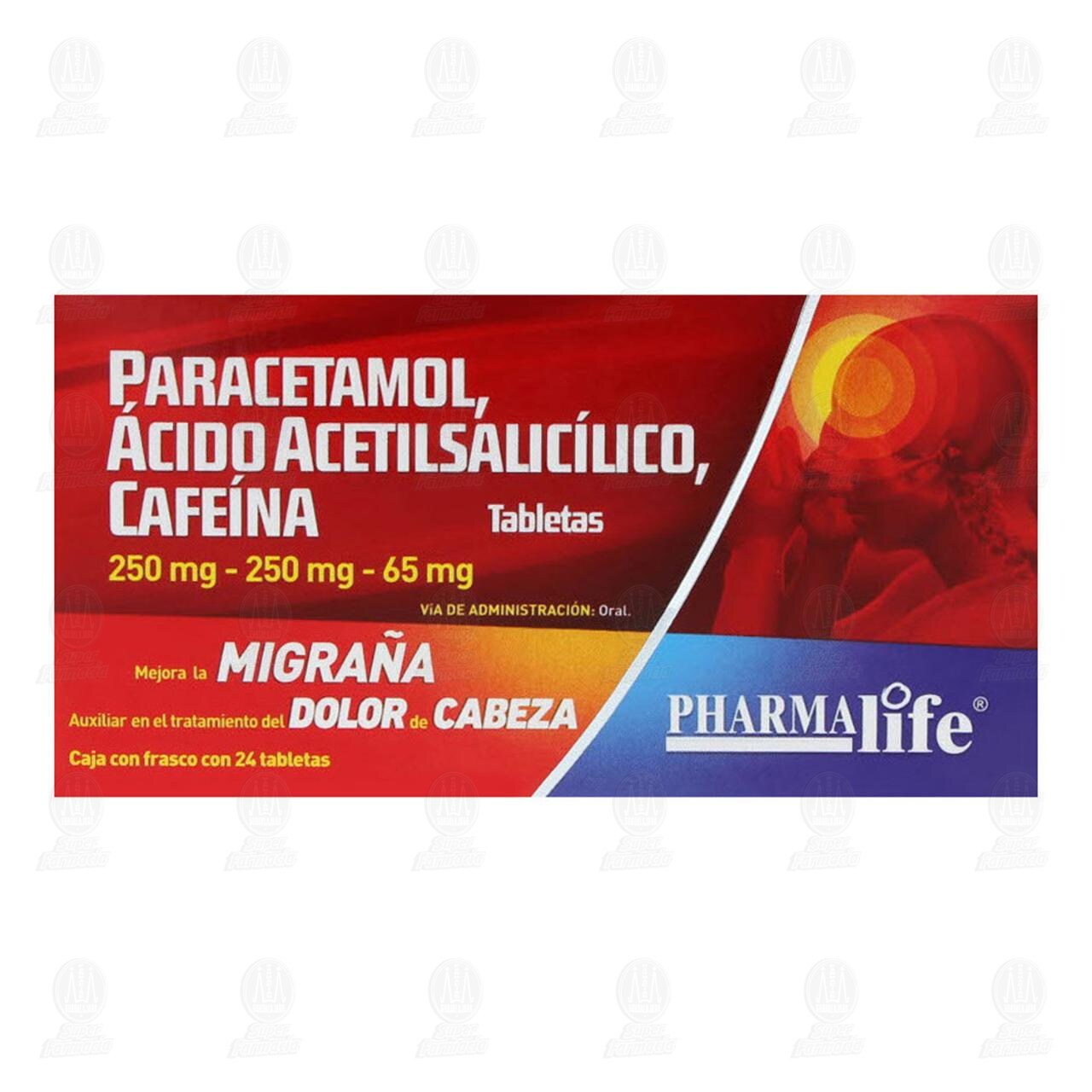 Paracetamol, Ácido Acetilsalicílico, Cafeína 250mg/250mg/65mg, 24 Tabletas Pharmalife. image number 1