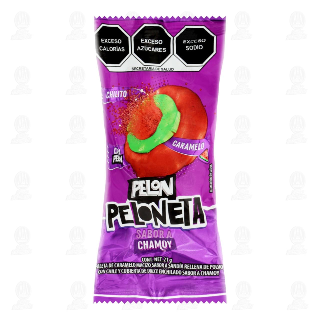 Imagen para Paleta Pelón Peloneta de caramelo macizo sabor a sandía con relleno de chile y cobertura de dulce enchilado sabor a chamoy. Paquete con 21 gramos.