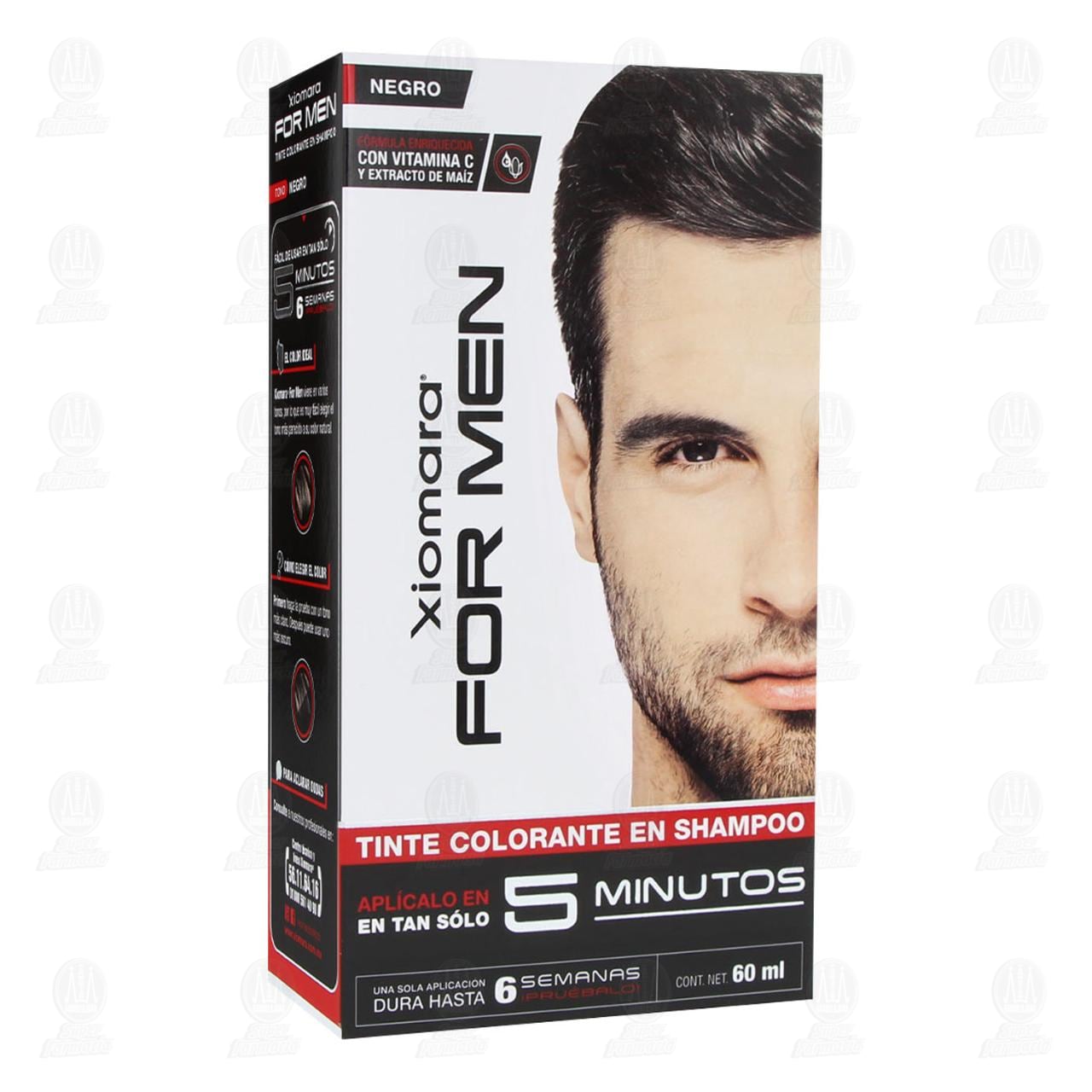 Imagen para Tinte en shampoo Xiomara For Men color negro para hombre, enriquecido con vitamina C y extracto de maíz, dura hasta 6 semanas, aplícalo en tan solo 5 minutos. Contiene 4 pzas / 60 ml.