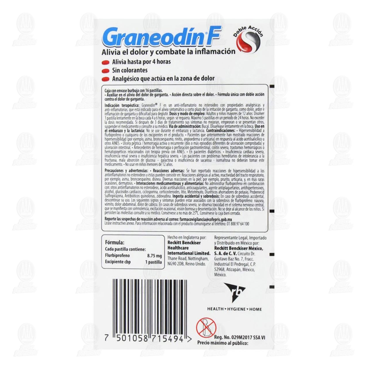 Graneodín F Sabor Miel Limón, 16 Pastillas. image number 2