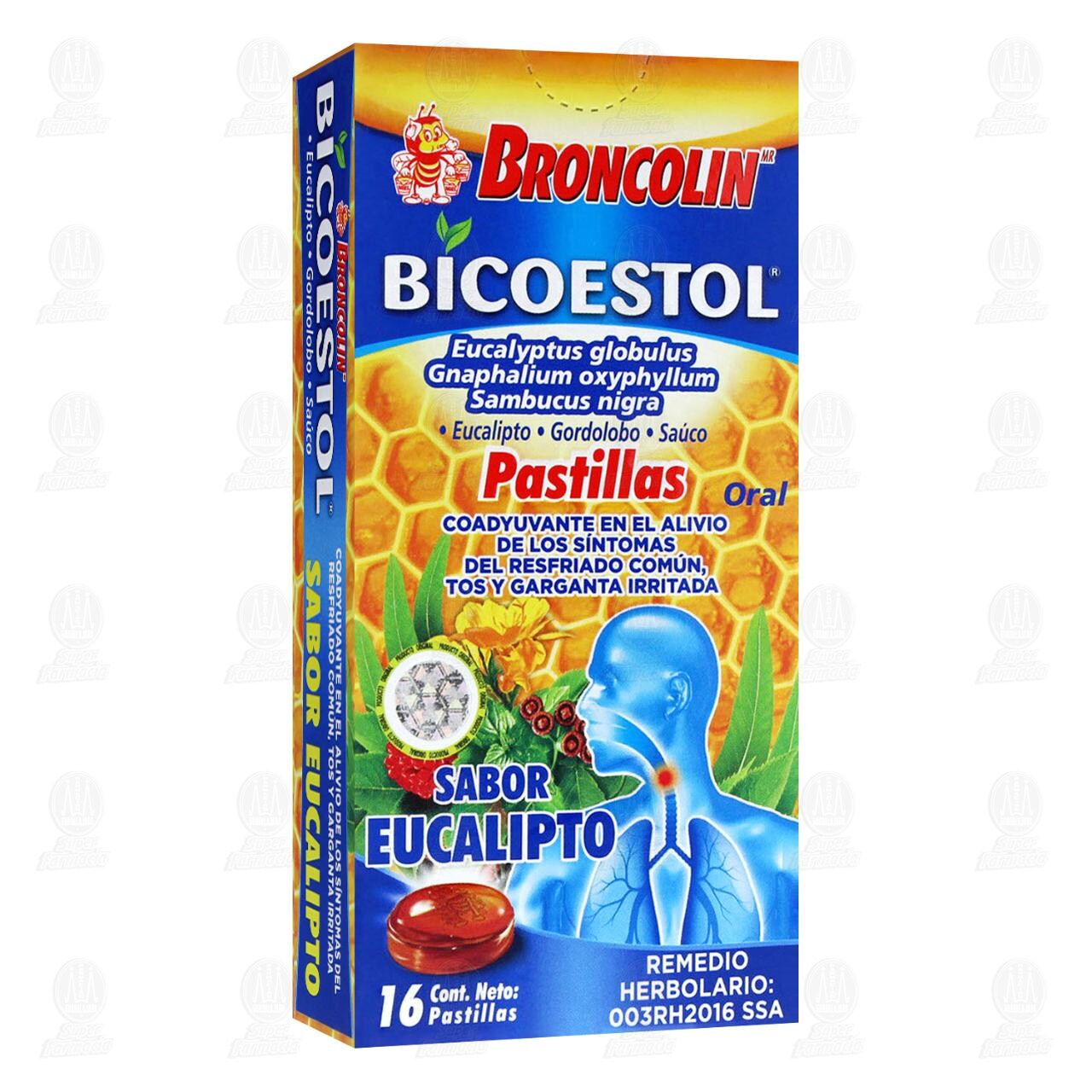 Broncolin Bicoestol Sabor Eucalipto, 16 Pastillas. image number 0