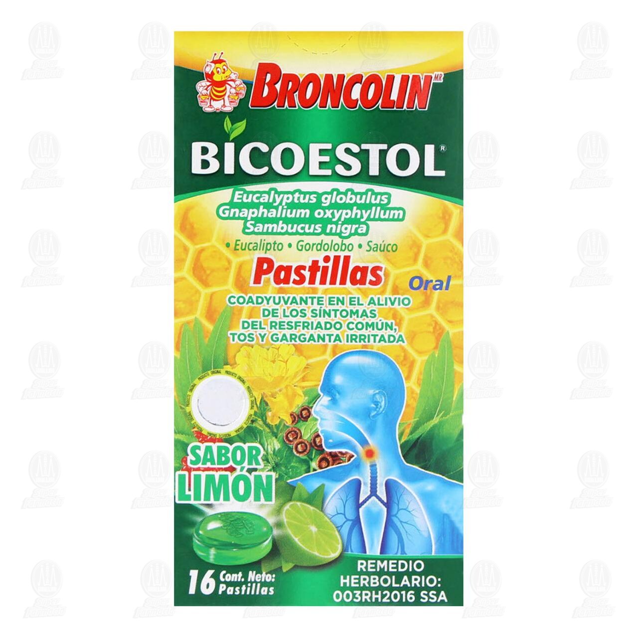 Broncolin Bicoestol Sabor Limón, 16 Pastillas. image number 1