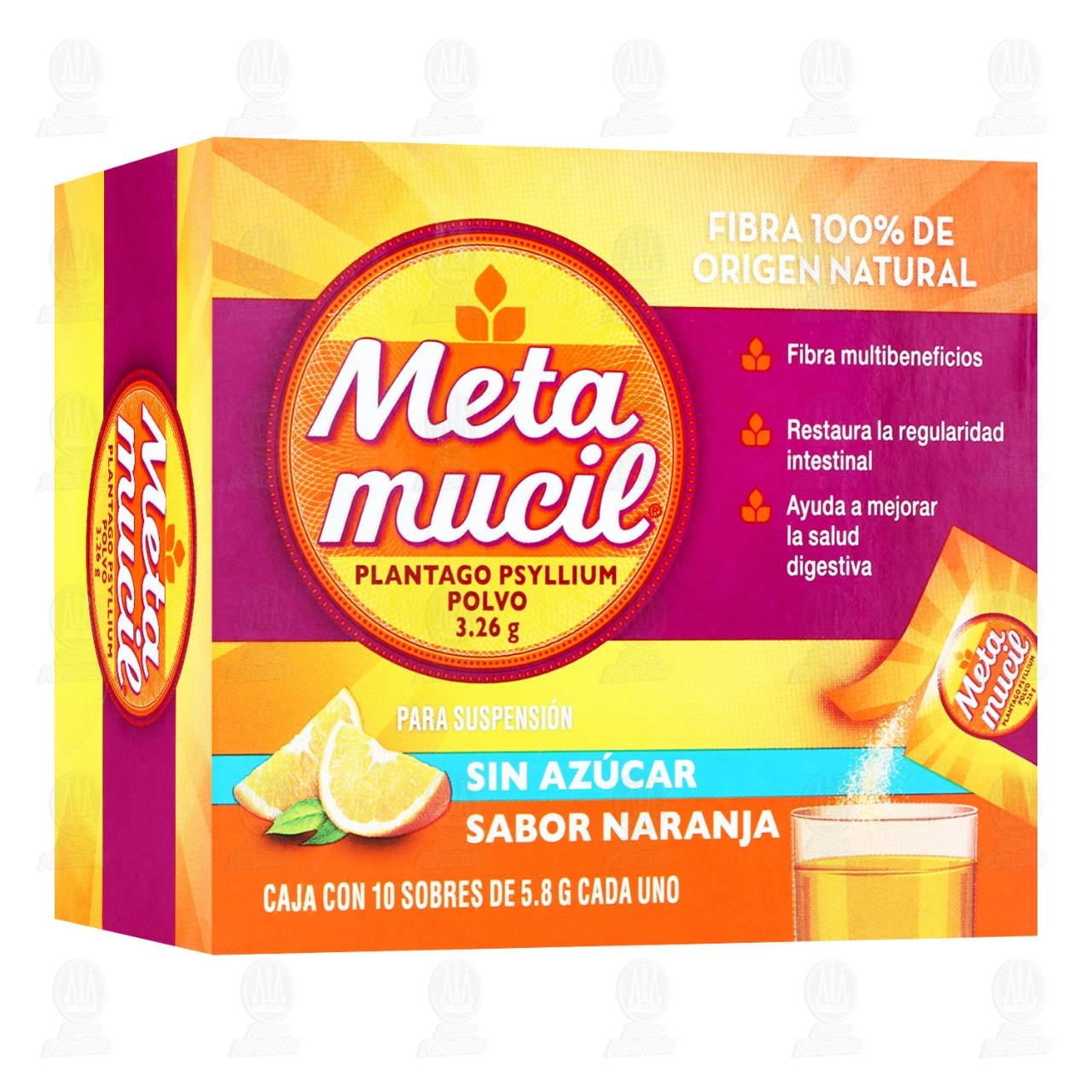 Metamucil Fibra Natural Sabor Naranja, 10 Sobres.
