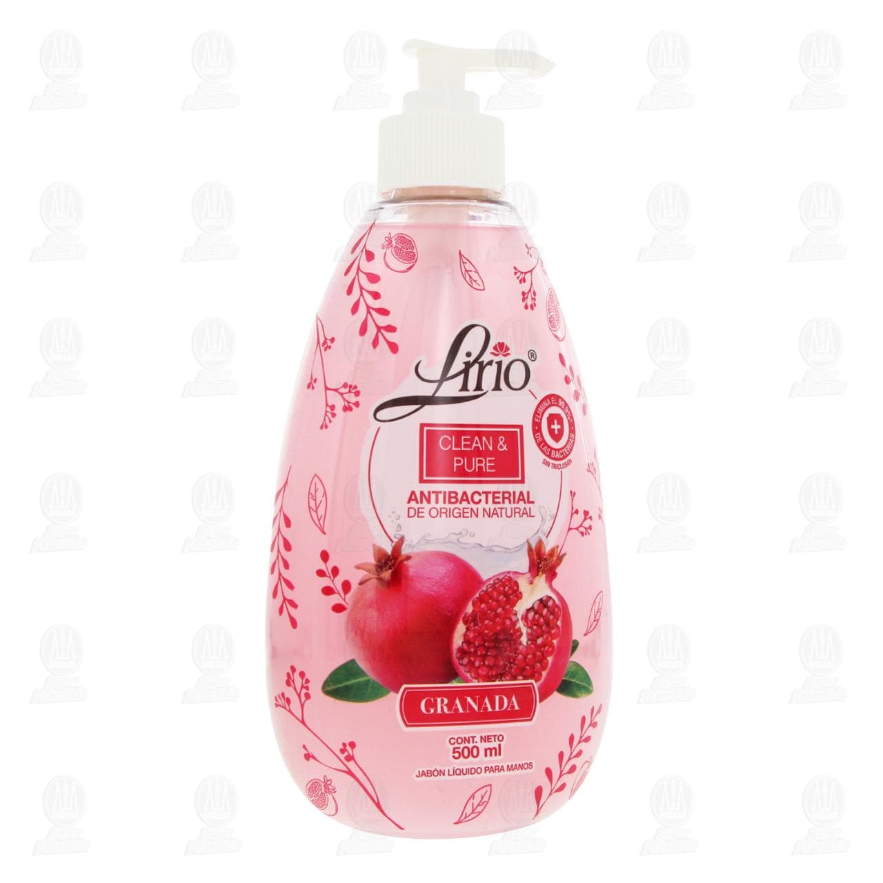 Imagen para Jabón líquido Lirio Clean & Pure para manos, antibacterial de origen natural con aroma a efusión de granada. Envase con 500 mililitros.