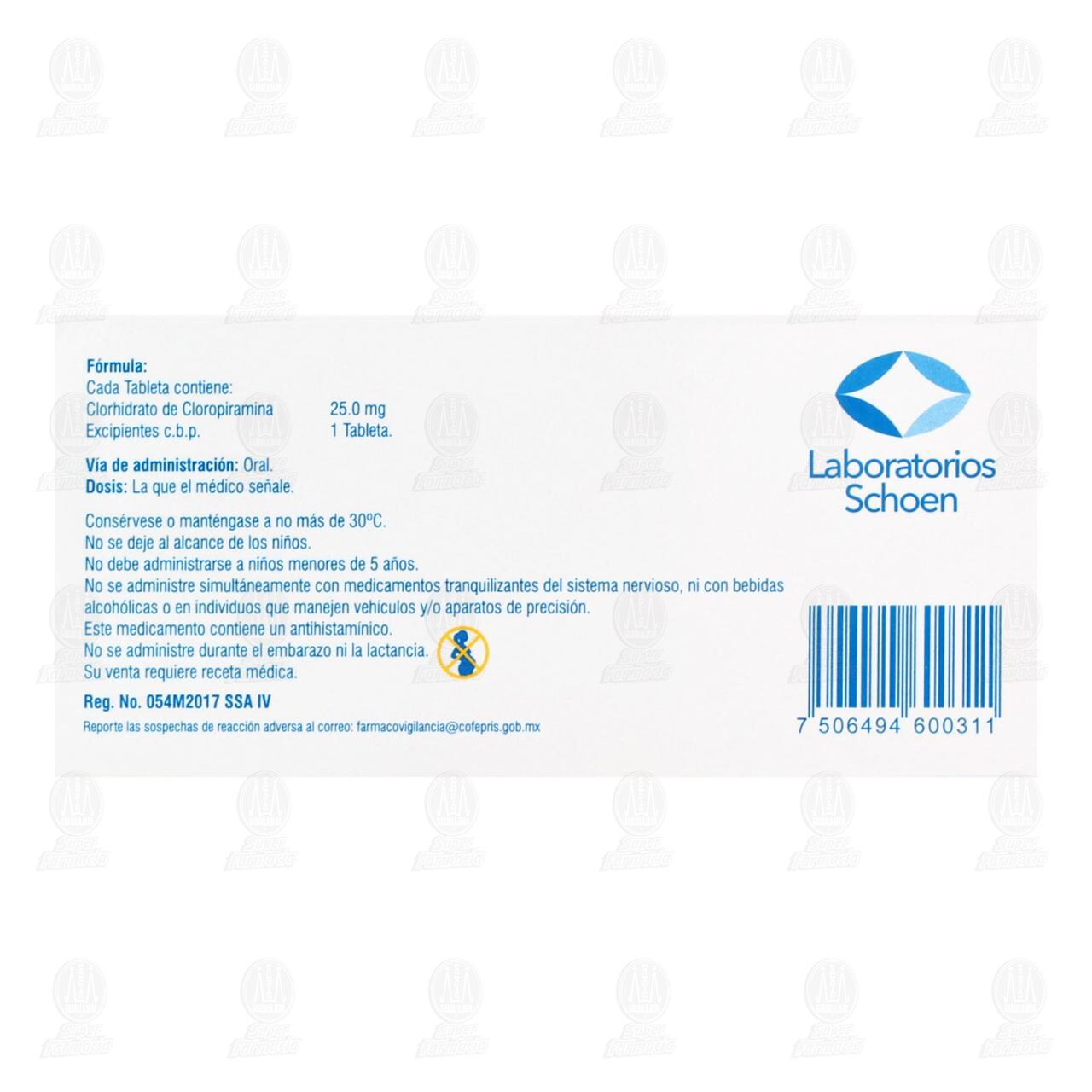 Cloropiramina 25 mg, 20 Tabletas. image number 2