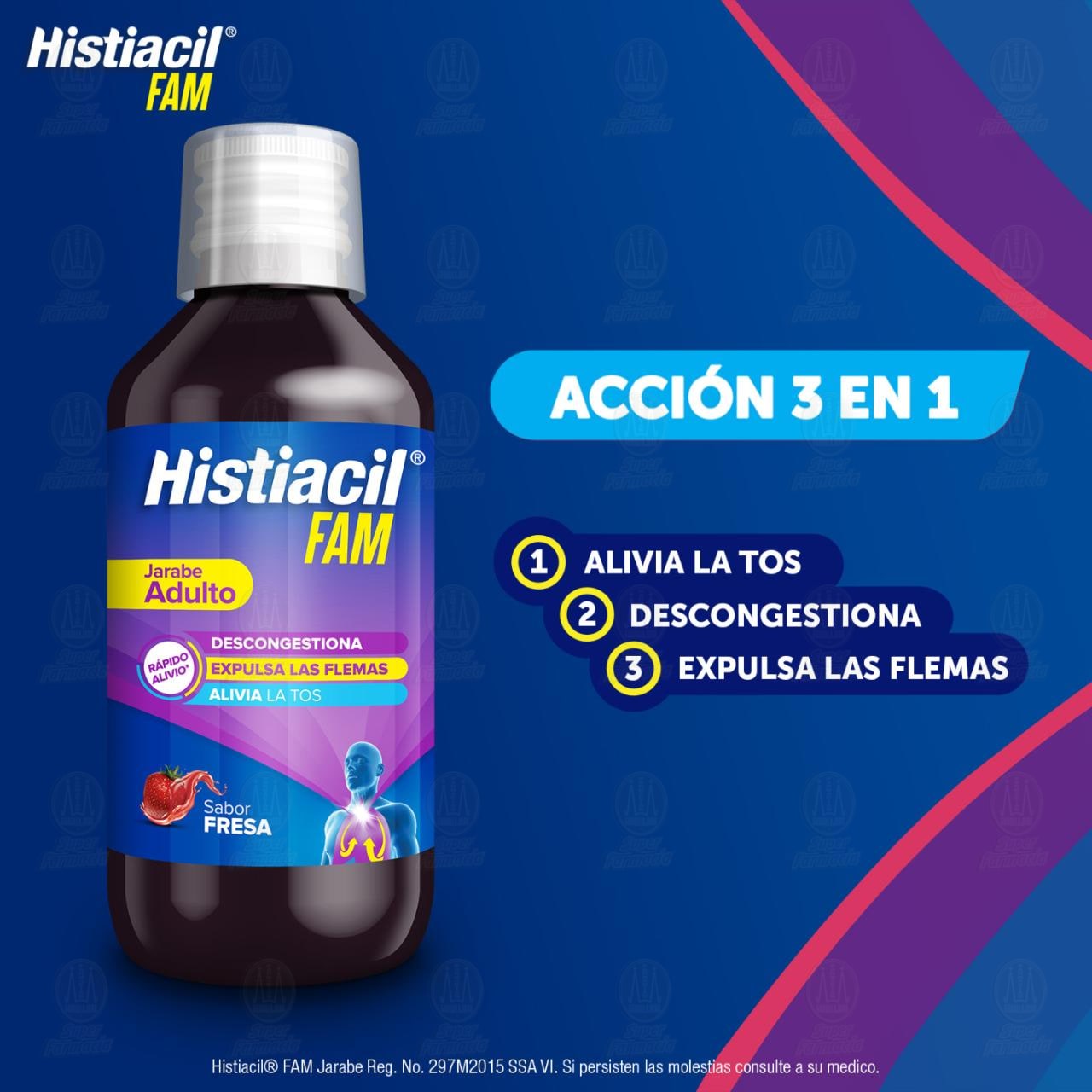 Histiacil FAM Jarabe Adulto para la Tos Seca y con Flemas Sabor Fresa, 140 ml. image number 2