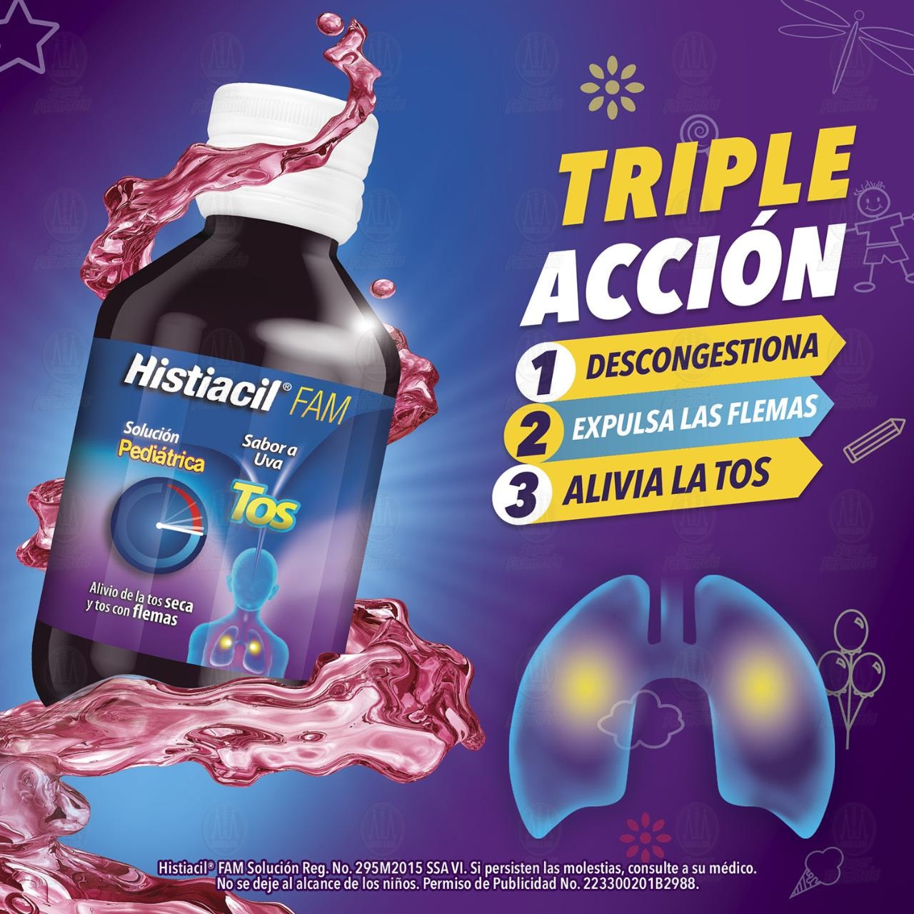 Histiacil FAM Soluci&oacute;n Pedi&aacute;trica para la Tos Seca y con Flemas Sabor Uva, 60 ml. image number 3