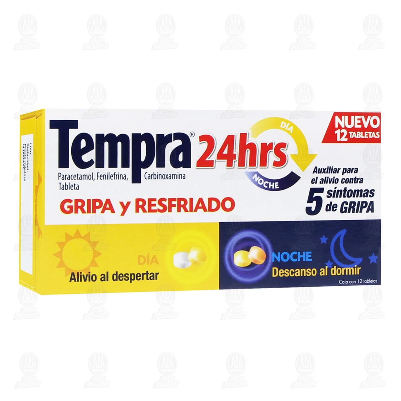 Tempra 24hrs Gripa y Resfriado, 12 Tabletas. image number 0