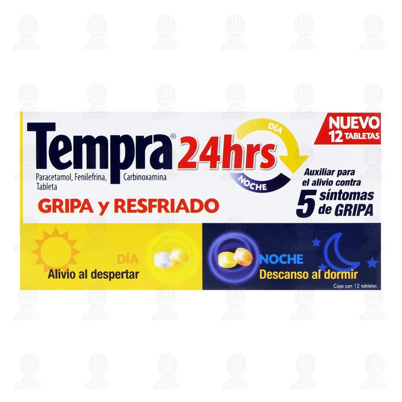 Tempra 24hrs Gripa y Resfriado, 12 Tabletas. image number 1