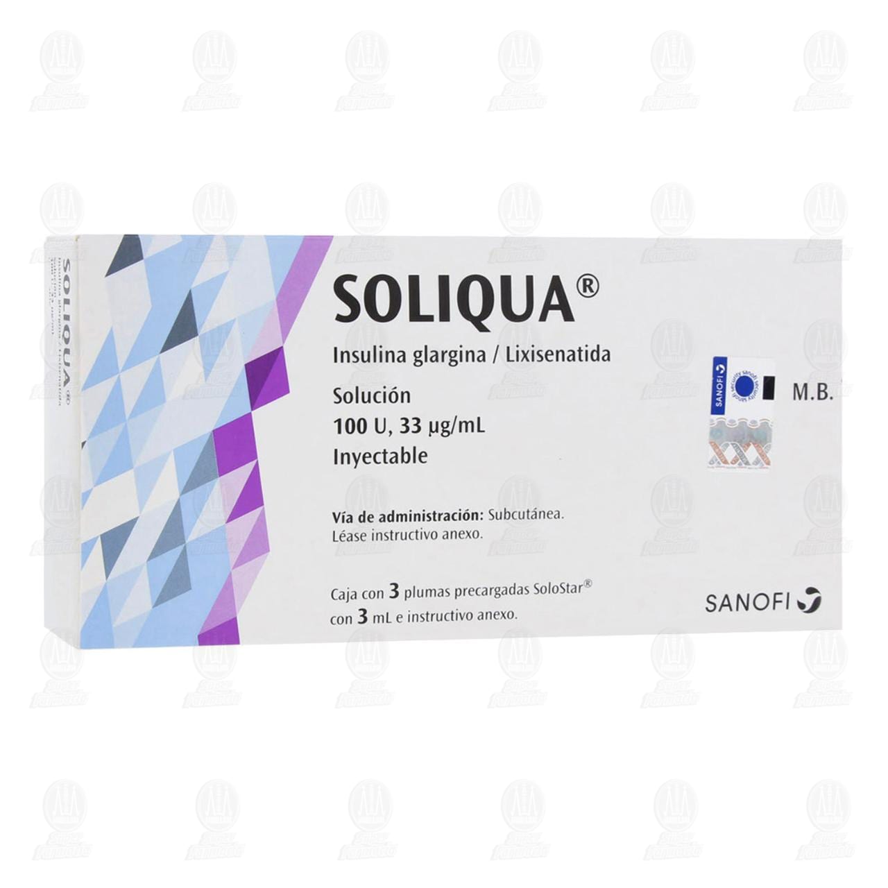Soliqua 100U, 33mcg/ml Soluci&oacute;n Inyectable 3 Plumas Precargadas, 3 ml c/u. image number 0