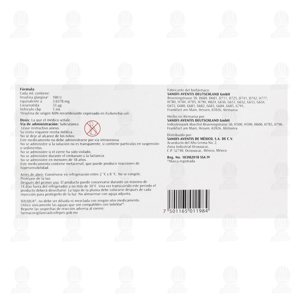 Soliqua 100U, 33mcg/ml Soluci&oacute;n Inyectable 3 Plumas Precargadas, 3 ml c/u. image number 2