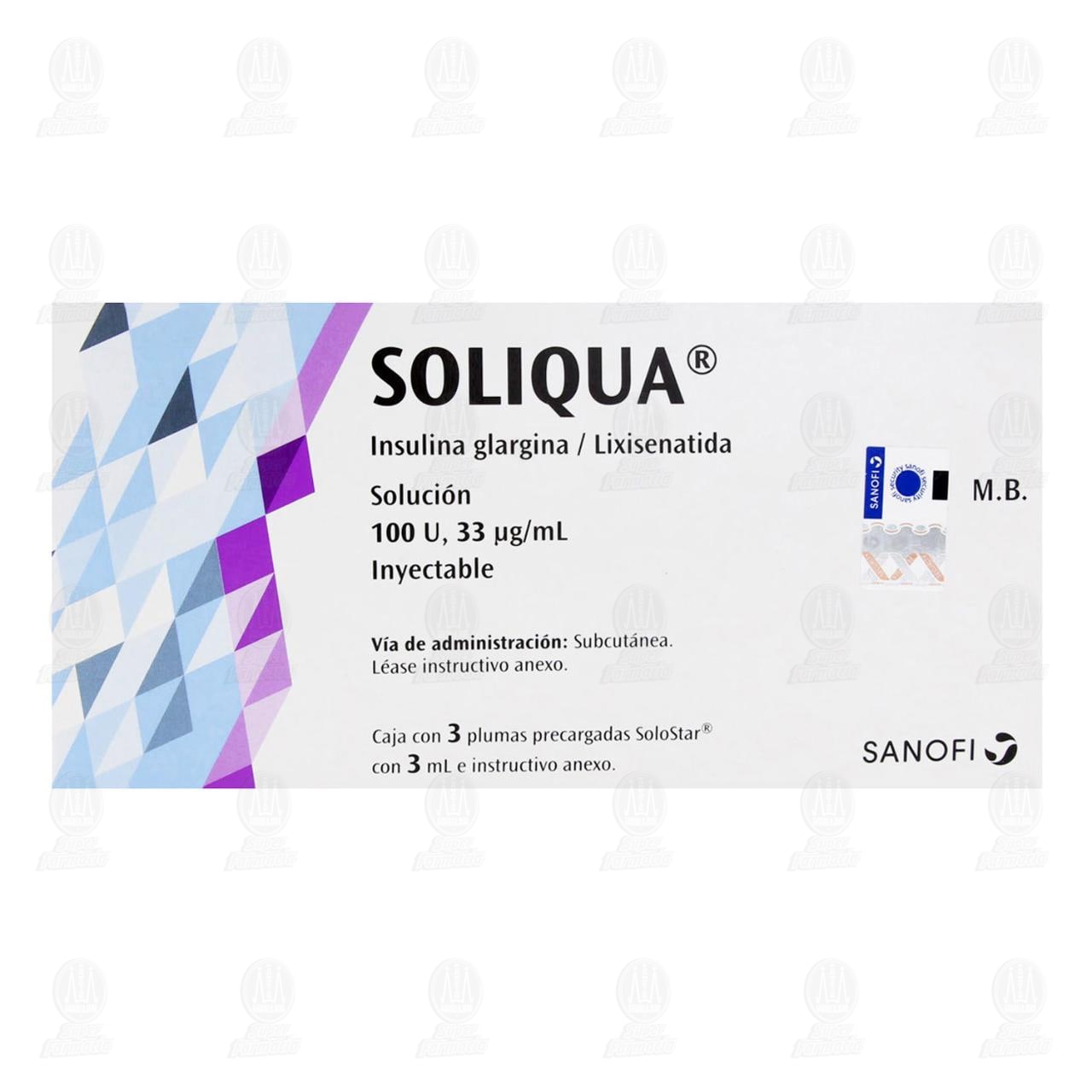 Soliqua 100U, 33mcg/ml Soluci&oacute;n Inyectable 3 Plumas Precargadas, 3 ml c/u. image number 1
