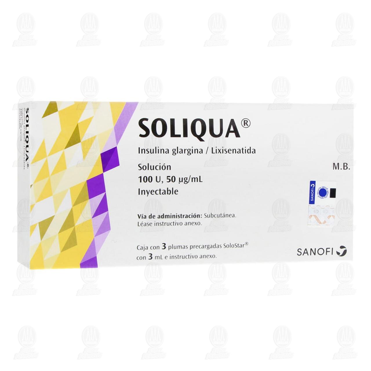 Soliqua 100U, 50mcg/ml Soluci&oacute;n Inyectable 3 Plumas Precargadas, 3 ml c/u. image number 0