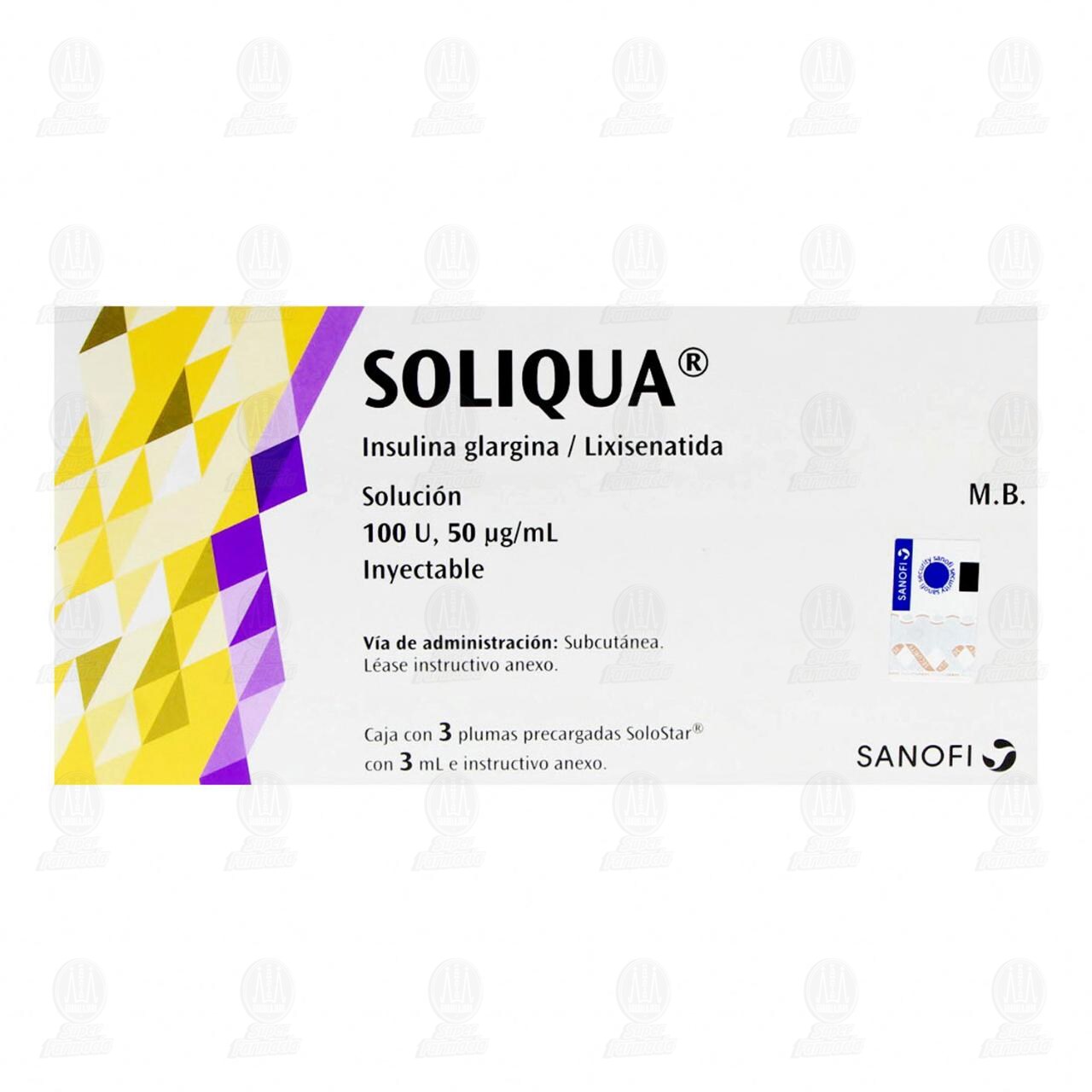 Soliqua 100U, 50mcg/ml Soluci&oacute;n Inyectable 3 Plumas Precargadas, 3 ml c/u. image number 1