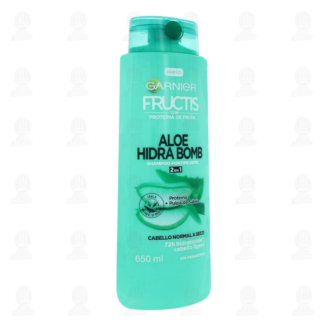 Imagen para Shampoo Garnier Fructis Aloe Hidra Bomb 2 en 1, fortificado con proteína más pulpa de sábila para cabello normal a seco. Envase con 650 mililitros.
