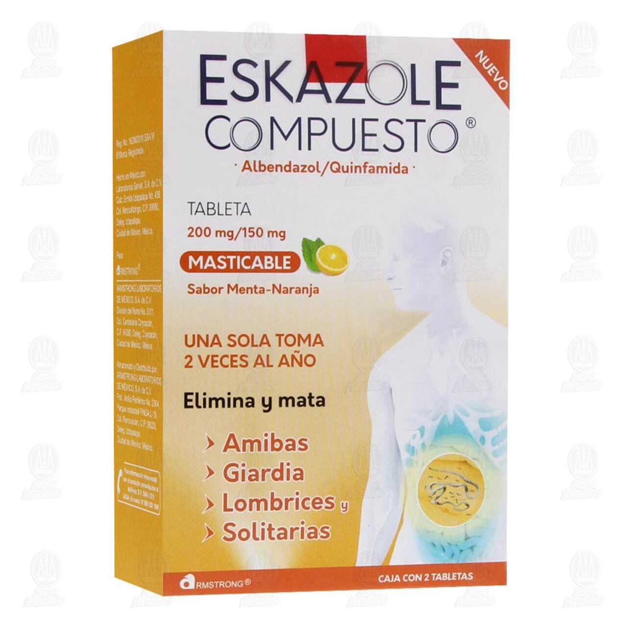Eskazole Compuesto 200mg/150mg Sabor Menta-Naranja, 2 Tabletas. image number 0