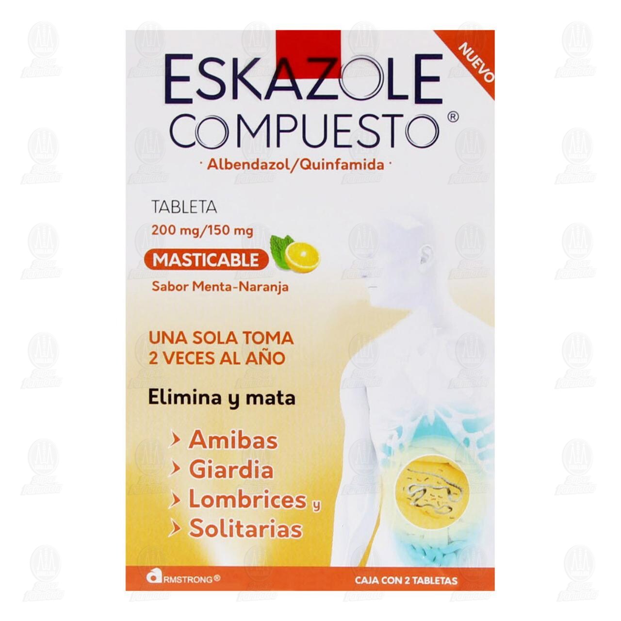 Eskazole Compuesto 200mg/150mg Sabor Menta-Naranja, 2 Tabletas. image number 1