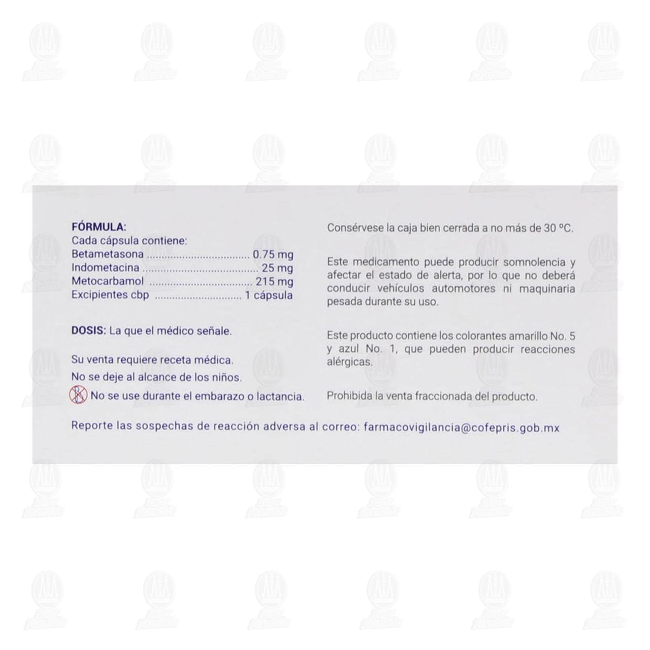 Betametasona, Indometacina, Metocarbamol 0.75mg/25mg/215mg, 20 C&aacute;psulas Pharmalife. image number 2