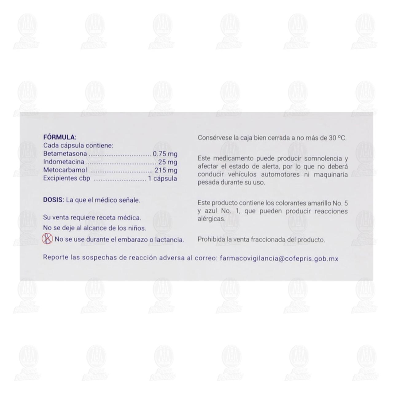 Betametasona, Indometacina, Metocarbamol 0.75mg/25mg/215mg, 20 C&aacute;psulas Pharmalife. image number 2