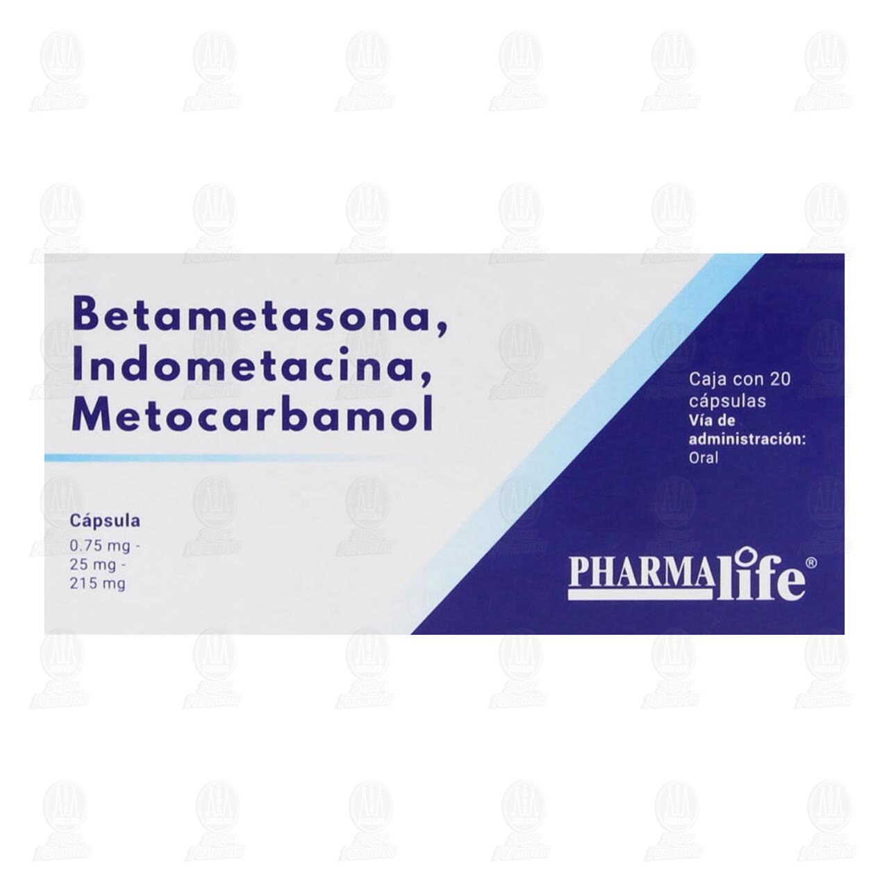 Betametasona, Indometacina, Metocarbamol 0.75mg/25mg/215mg, 20 C&aacute;psulas Pharmalife. image number 1