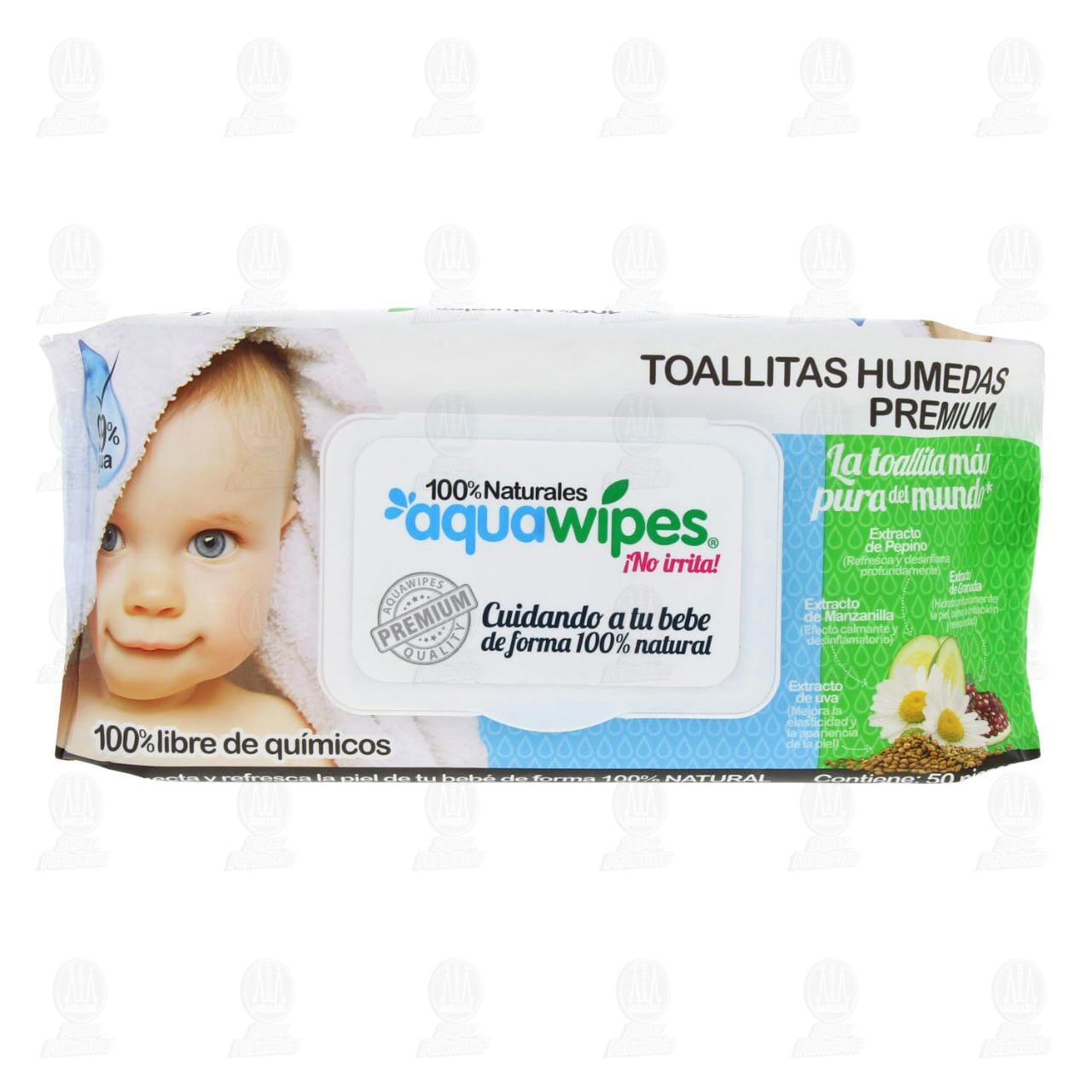 Imagen para Toallitas húmedas para bebé Aquawipes Premium, 100% naturales y libres de químicos, con extracto de pepino, granada, manzanilla y uva, humectan y refrescan la piel de tu bebé de forma natural. Paquete
