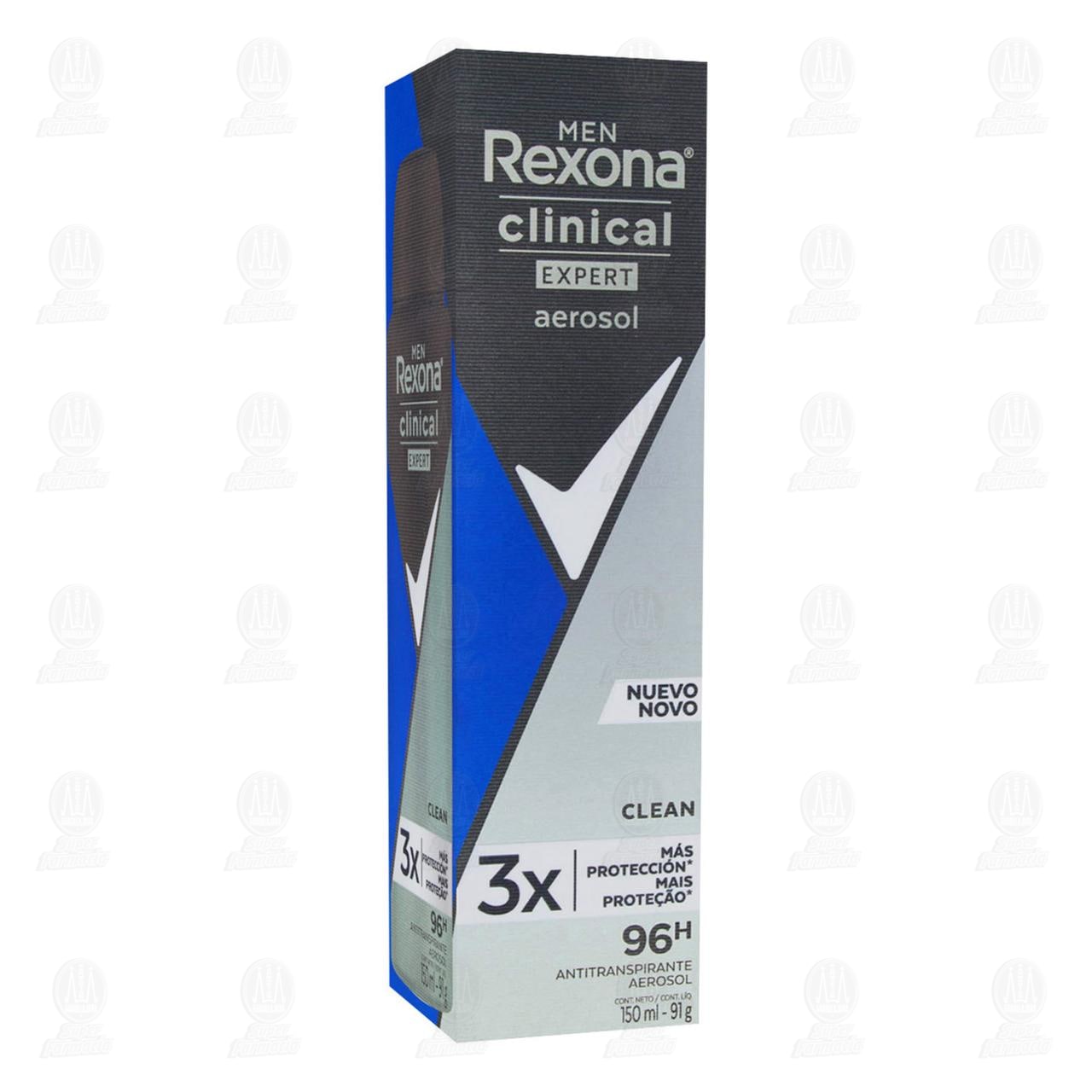 Imagen para Antitranspirante Rexona Men Clinical Expert Clean en aerosol, 3 veces más protección que un antitranspirante básico, manteniéndote más fresco y seguro todos los días. Envase con 150 mililitros.