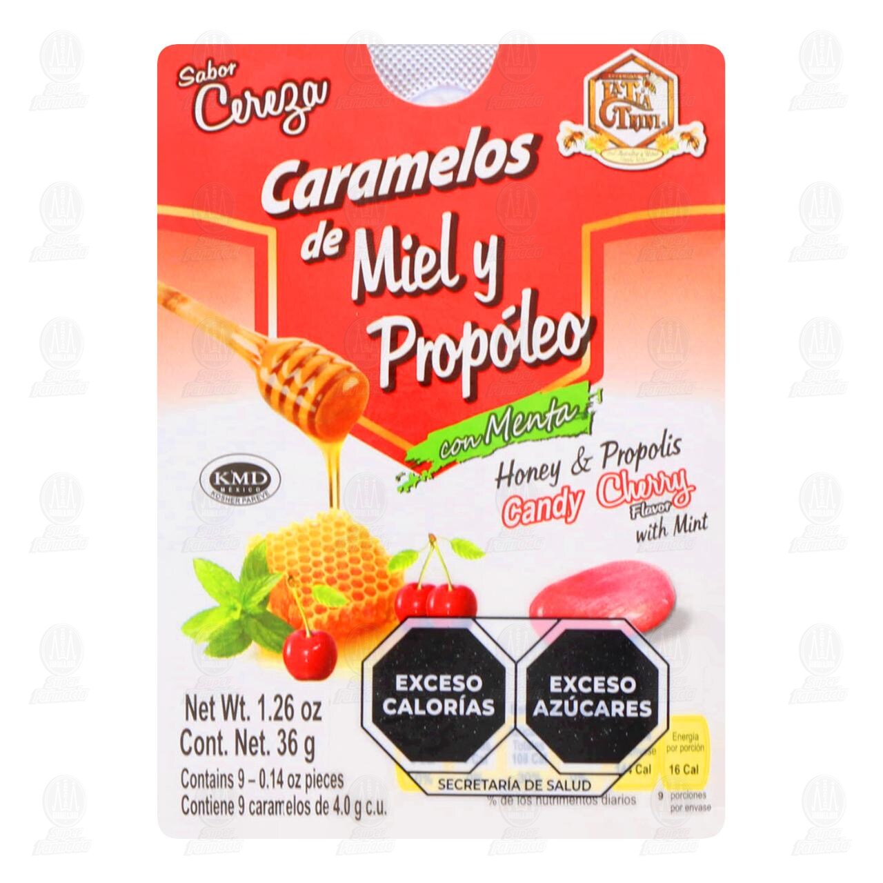 La Tía Trini Caramelos de Miel y Propóleo con Menta Sabor Cereza, 9 pzas.