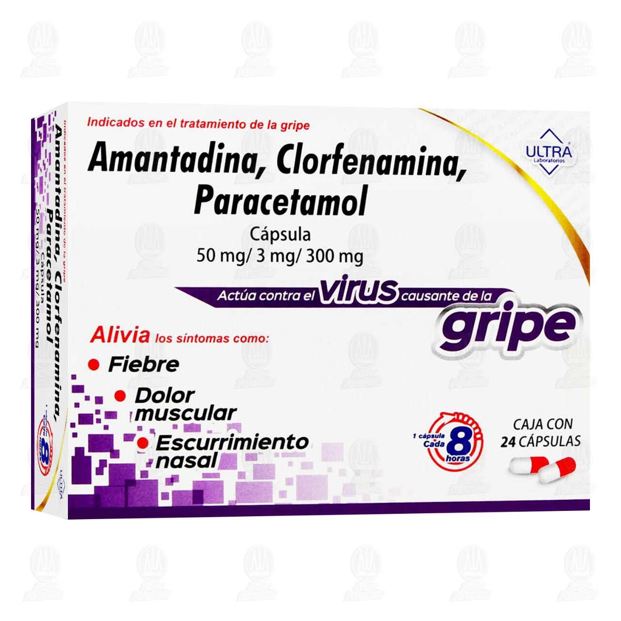Amantadina, Clorfenamina, Paracetamol 50mg/3mg/300mg, 24 C&aacute;psulas.
