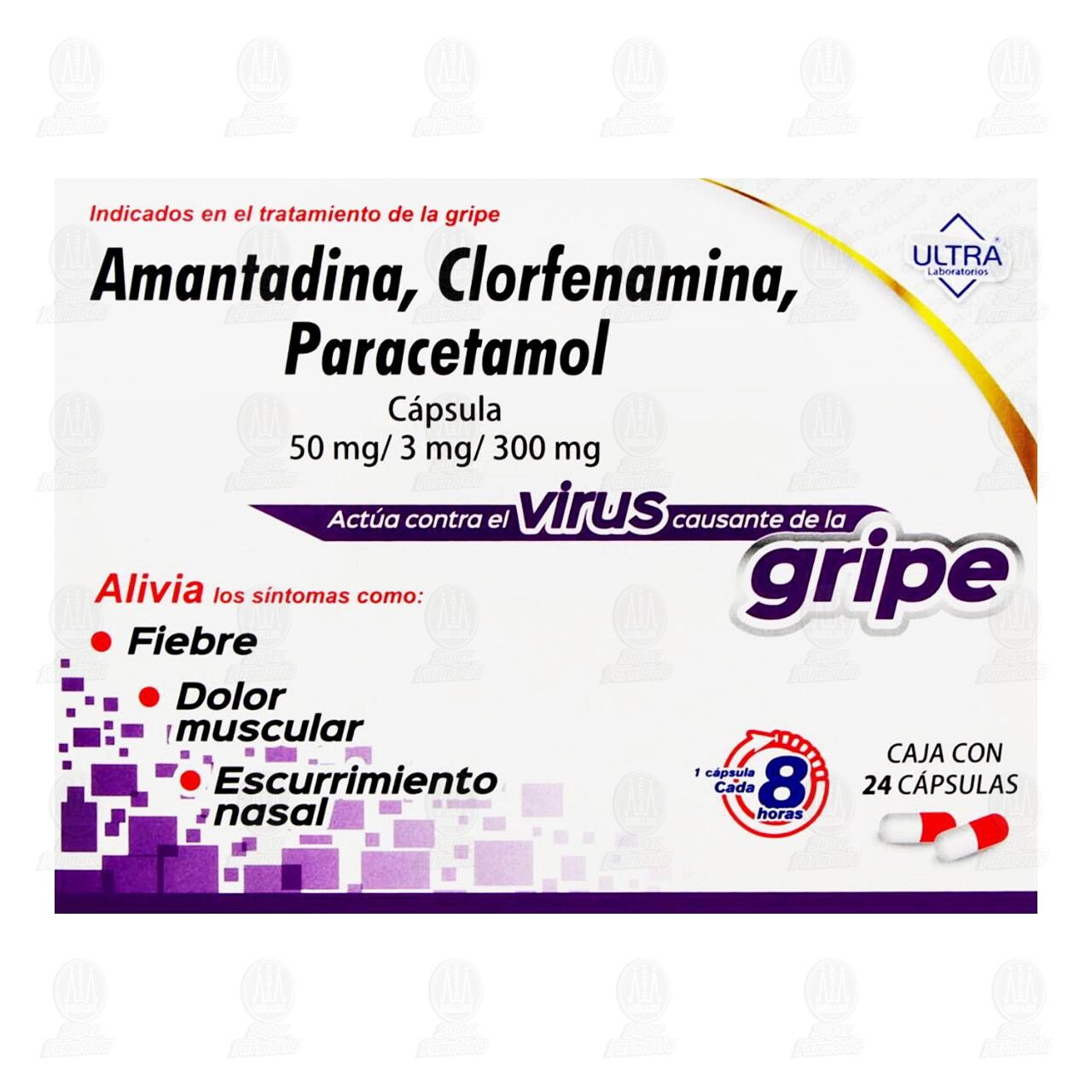 Amantadina, Clorfenamina, Paracetamol 50mg/3mg/300mg, 24 C&aacute;psulas. image number 1