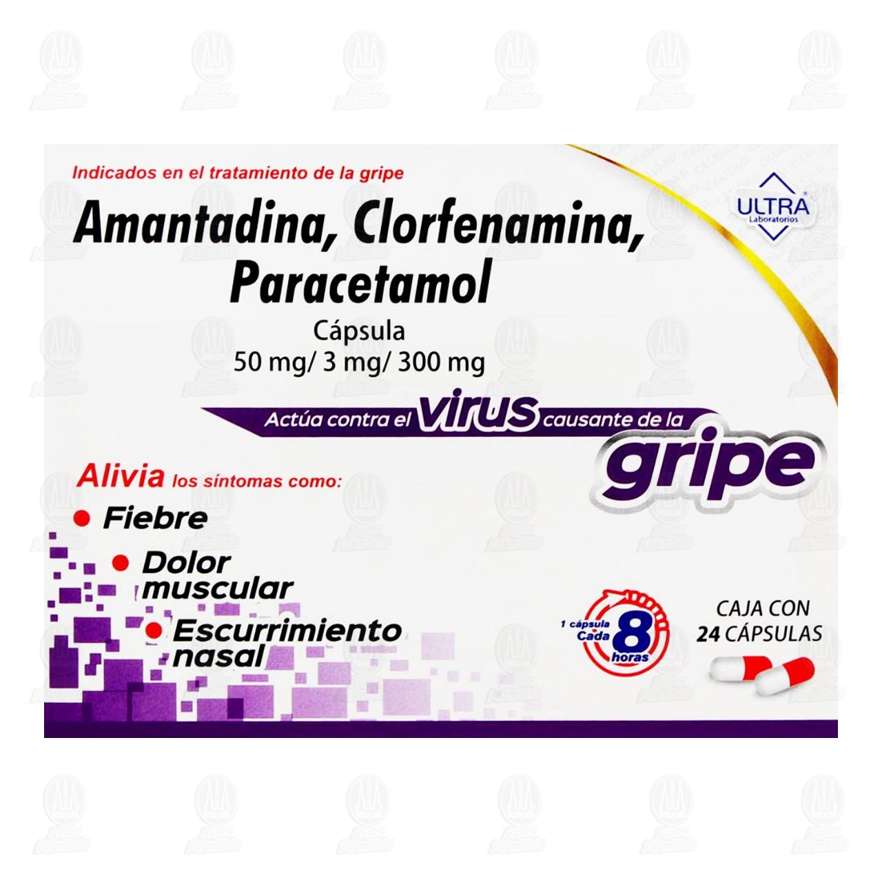 Amantadina, Clorfenamina, Paracetamol 50mg/3mg/300mg, 24 C&aacute;psulas. image number 1