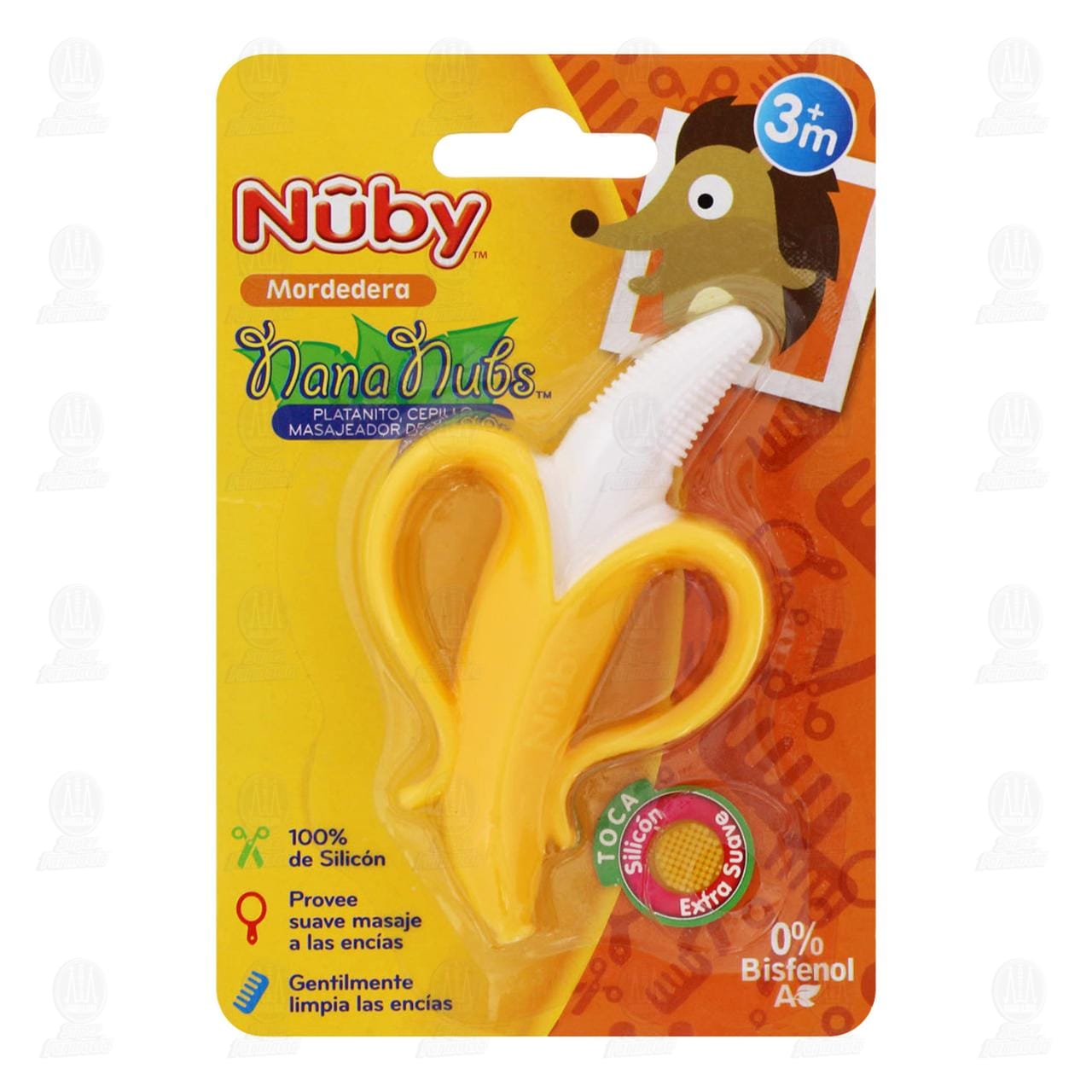 Imagen para Mordedera Nuby NanaNubs platanito indicada para niños de 3 meses en adelante, cepillo masajeador de dientes hecho de extra suave silicón, con cerdas que limpian y dan masaje a los dientes nuevos y enc