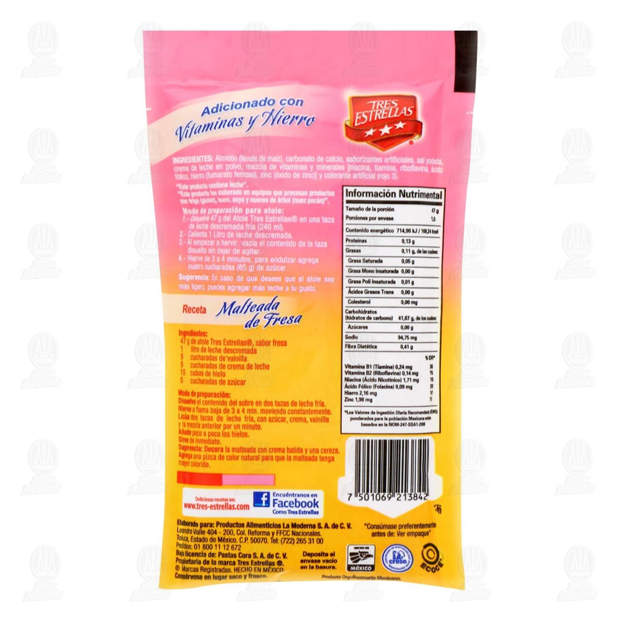 Atole Tres Estrellas Sabor Fresa, 47 gr. image number 1