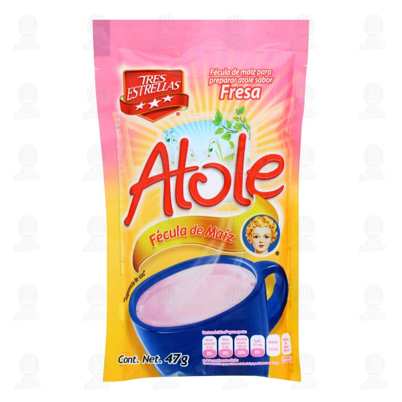 Atole Tres Estrellas Sabor Fresa, 47 gr.