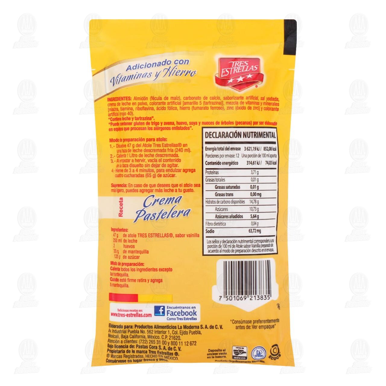 Atole Tres Estrellas Sabor Vainilla, 47 gr. image number 1