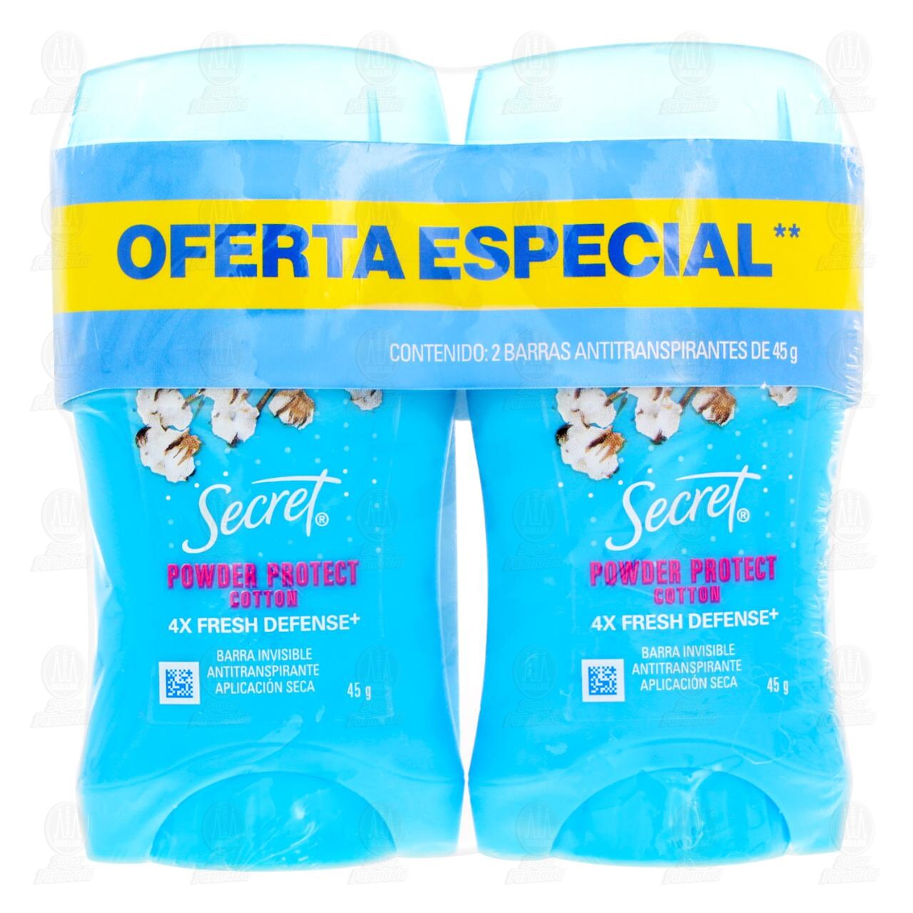 Pack Antitranspirante Secret Powder Protect Cotton en Barra Invisible, 2 pzas de 45 gr. image number 1