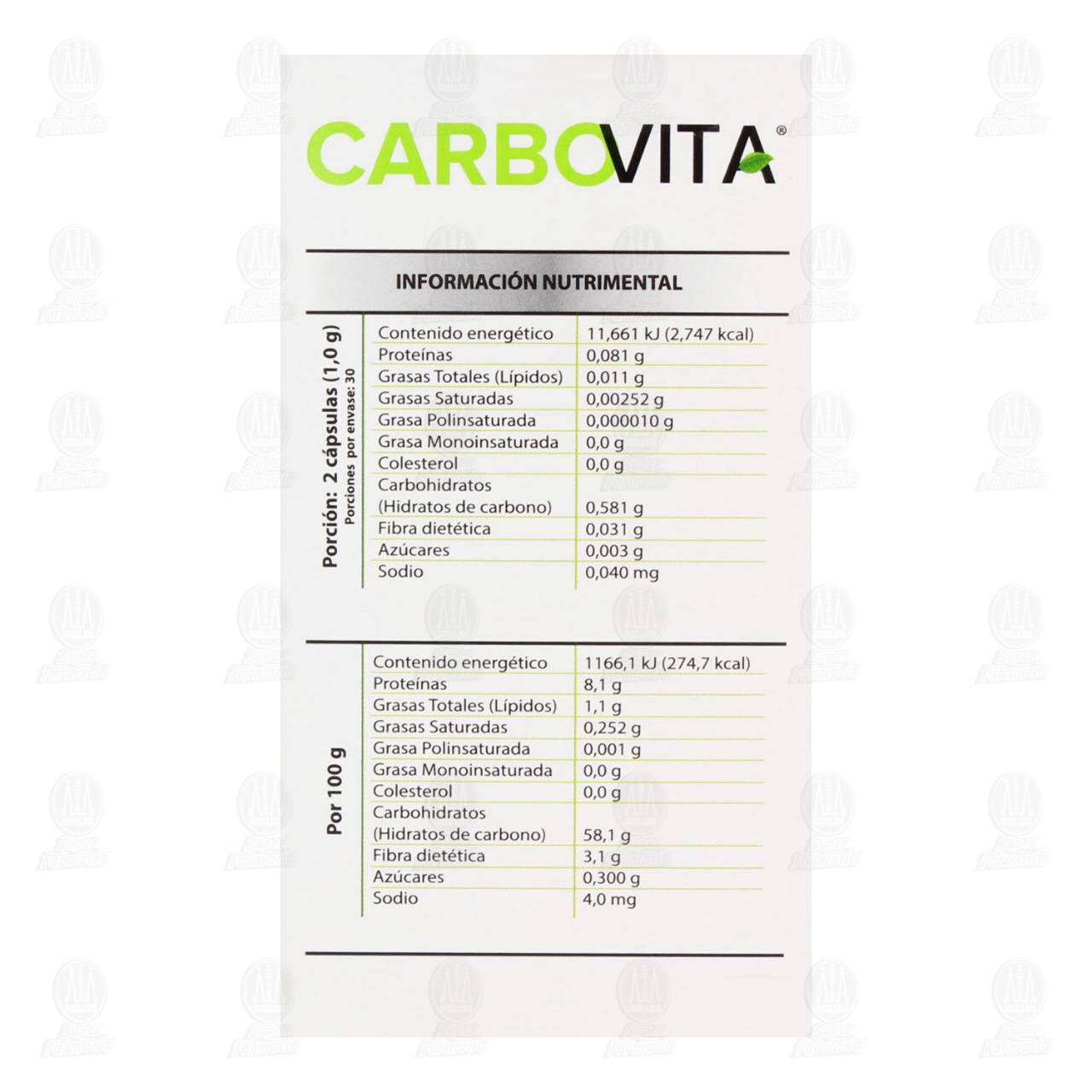 Carbovita 500 mg Suplemento Alimenticio, 60 C&aacute;psulas. image number 3