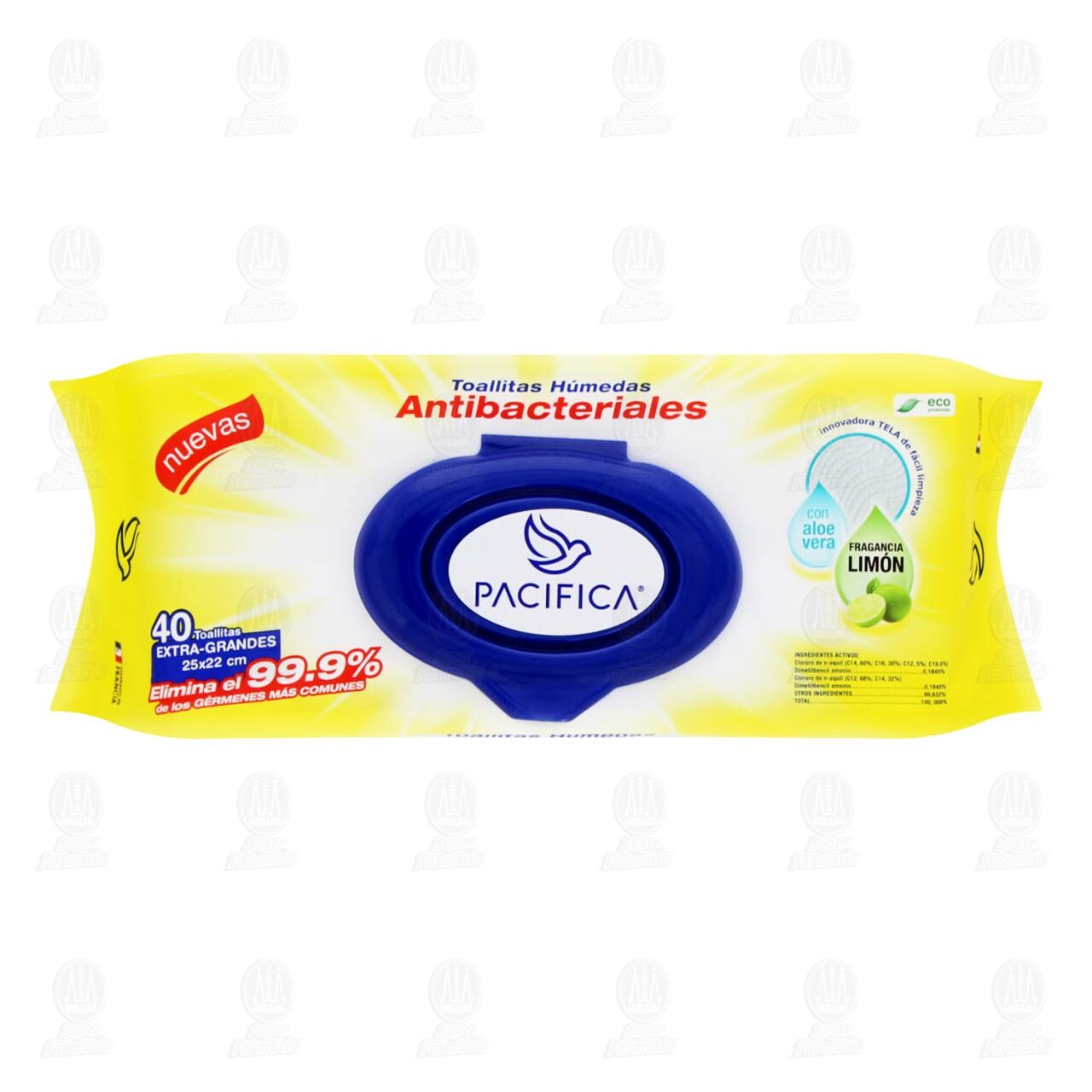 Toallitas Húmedas Antibacteriales Pacifica con Aloe Vera y Fragancia de Limón, 40 pzas. image number 0