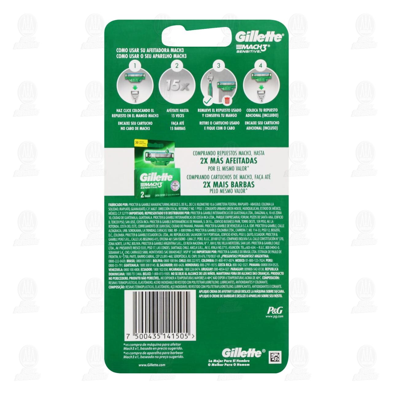 M&aacute;quina para Afeitar Gillette Mach3 Sensitive con Cartuchos, 3 pzas. image number 1